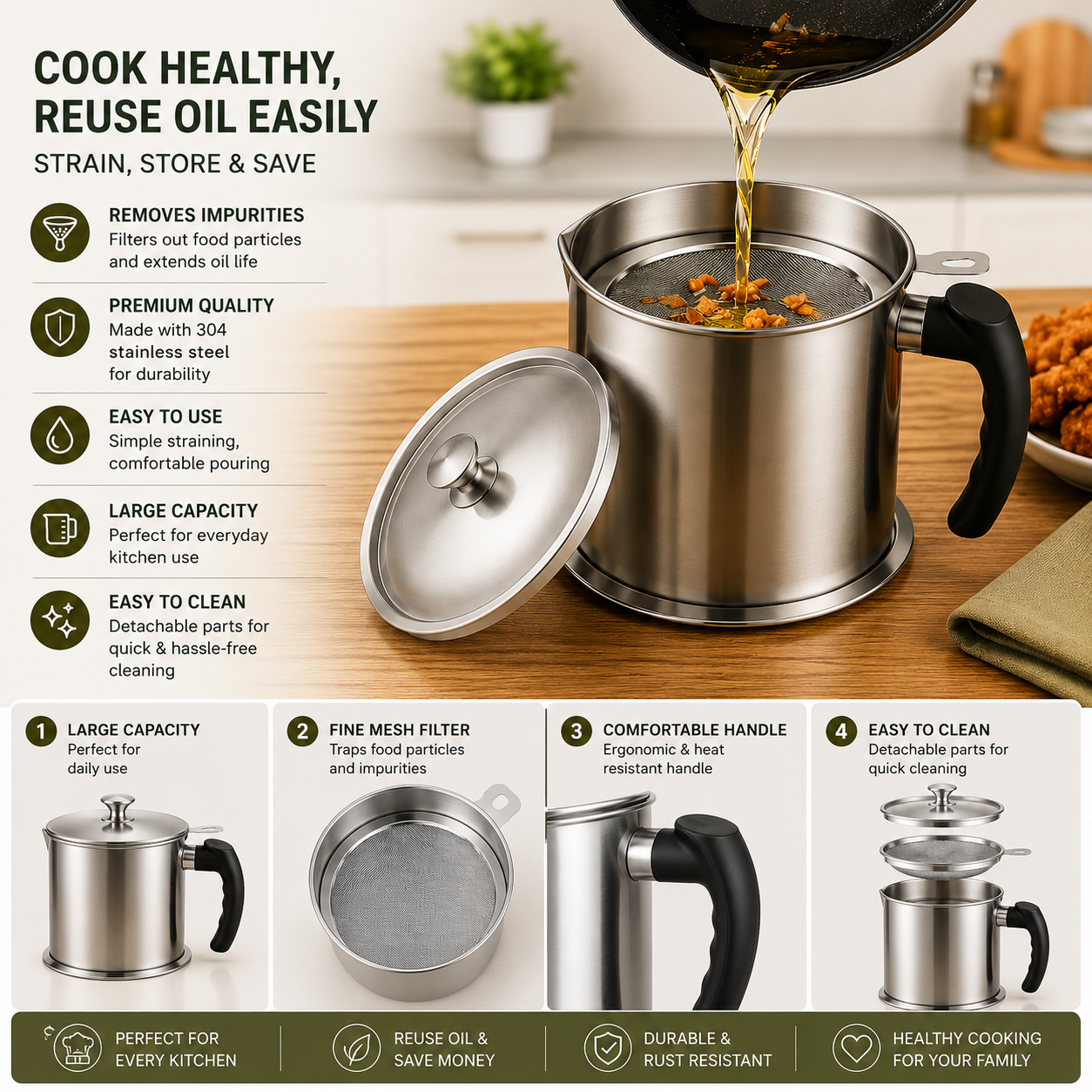 2-in-1 Stainless Steel Oil Strainer Pot